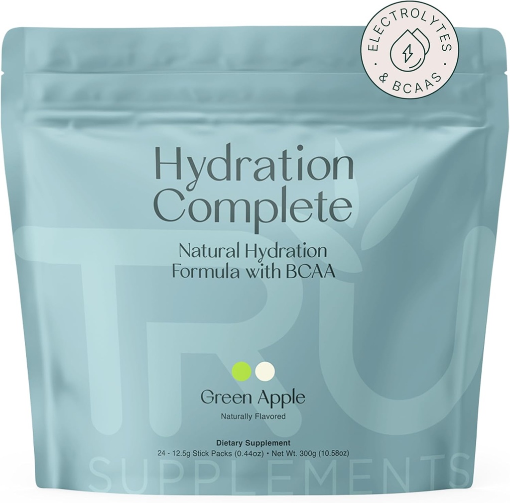 TRU Supplements Hydration Complete BCAA, Plant Based Amino Acids + Pink Himalayan Salt, Electrolytes & L-Carnitine, Vegan, Zero Calories, No Artificial sweeteners, 24 Servings, Green Apple