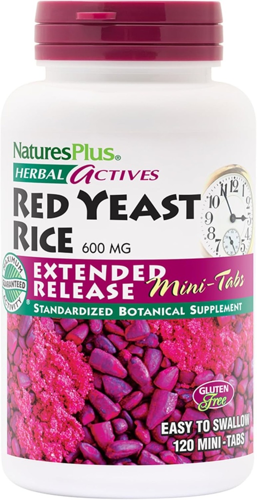 NaturesPlus Herbal Actives Red Yeast Rice Extended לשחרר 600 מ"ג - 120 מיני-Tabs, Pack of 2 - תומך ב- Well-Being - Vegetarian, Gluten Free - 120 המשרתים המלאים