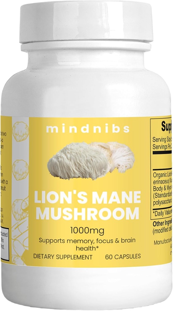 Mane Mushroom קפסולות 1000mg - תמיכה קוגניטיבית, nootropics neuroprotective, 60 טבעוני Caps