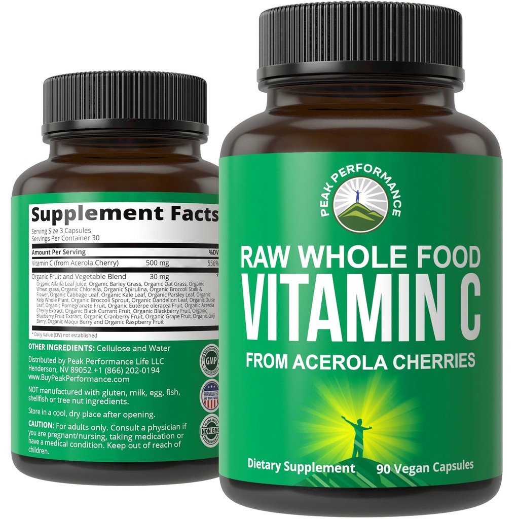 Peak Performance Raw Whole מזון טבעי ויטמין C קפסולות של Acerola Cherry עבור Max Absorption. טבעוני ארה"ב מקור ויטמין C תוסף 90 גלולות. 500 מ"ג לשרת או 2 משרת 1000 מ"ג