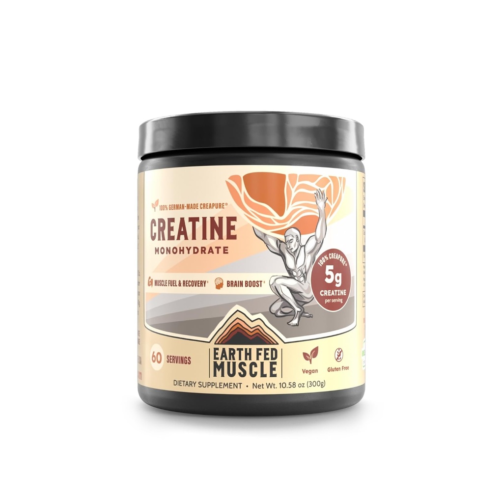Earth Fed Muscle Creatine Monohydrate Powder — 300g, 60 Servings | German Creapure Creatine for Strength, Power & Muscle Growth | Unflavored, Mixes Clean, No Fillers