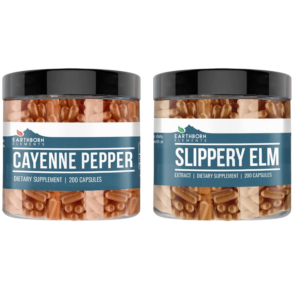 יסודות Earthborn Elements Cayenne Pepper & Slippery Elm Bundle (200 קפסולות כל אחד) Pure & Undiluted, No Additives