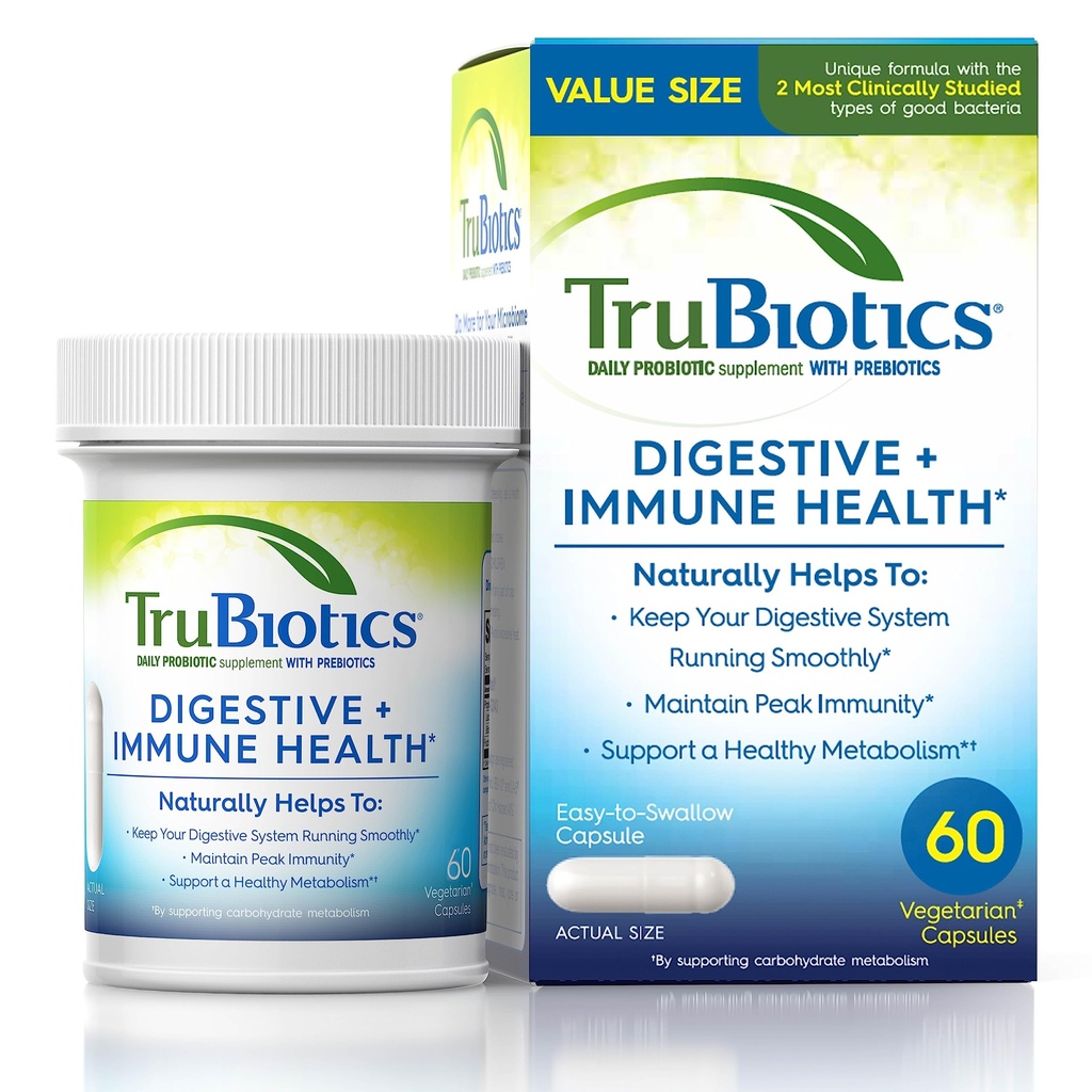 TruBiotics Probiotics for Digestive & Immune Health, תומך סדירות ועזרה Relieve Abdominal Discomfort, Gas & Bloating, 2 קלינית למד Probiotic Strains, Plus Prebiotics, 60 קפסולות