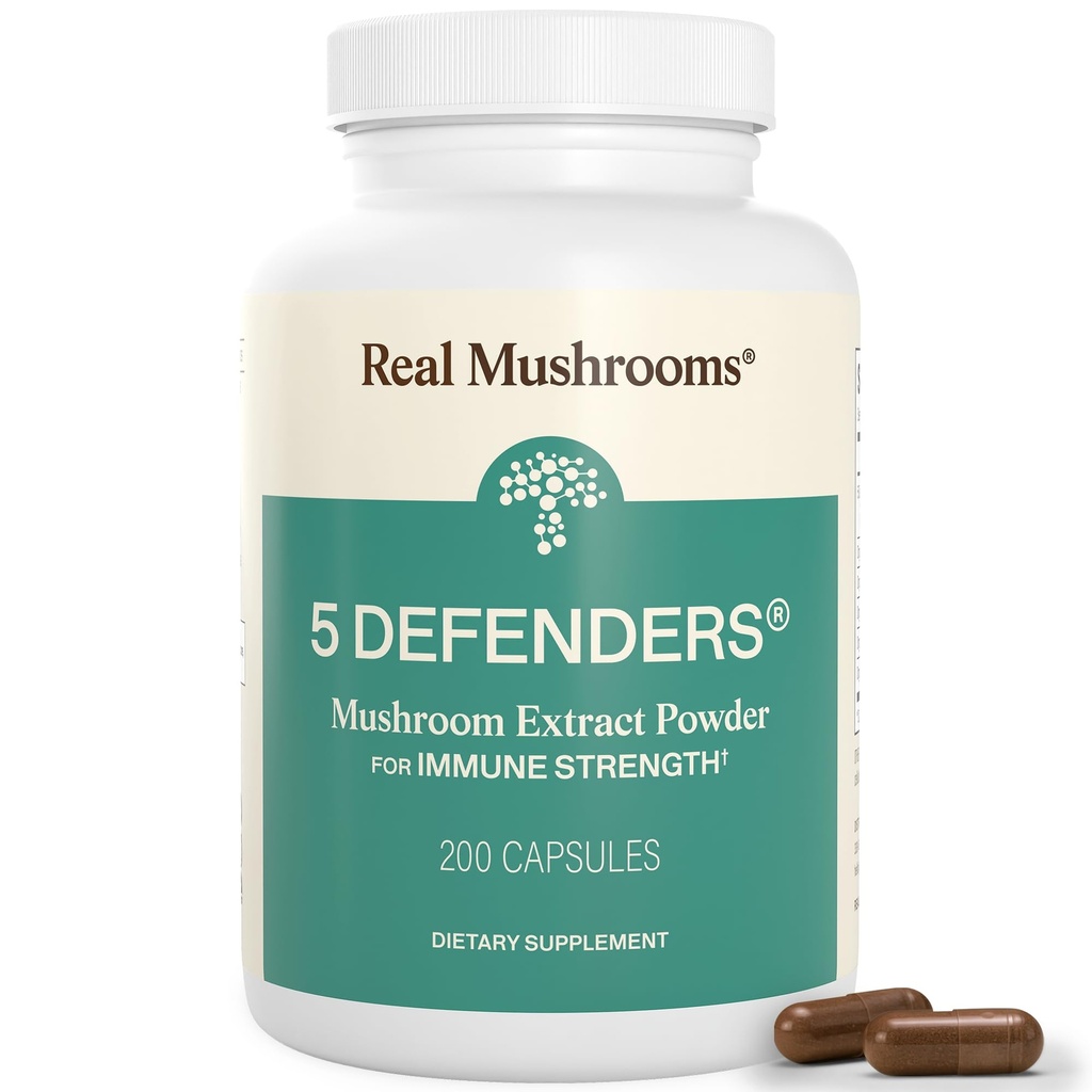 Real Mushrooms 5 Defenders Mushroom Complex - Organic Fitogenic Mushroom עם Chaga, Reishi, טורקיה Tail, Maitake & Shiitake עבור תמיכה בריאות - Mushroom Beta Glucan קפסולות - 200 הרוזן