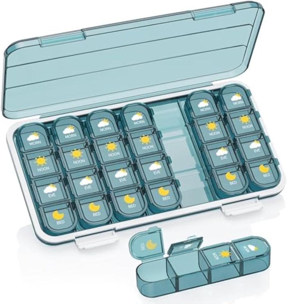 גלולת גלולות 4 פעמים ביום, Pill Box 4 פעמים ביום 7 - Acedada Weekly Medicine Boxer עם מקרה נפרד, Portable Daily Pill Container Dispenser עבור ויטמין, שמן דגים, תוספי מזון כחול