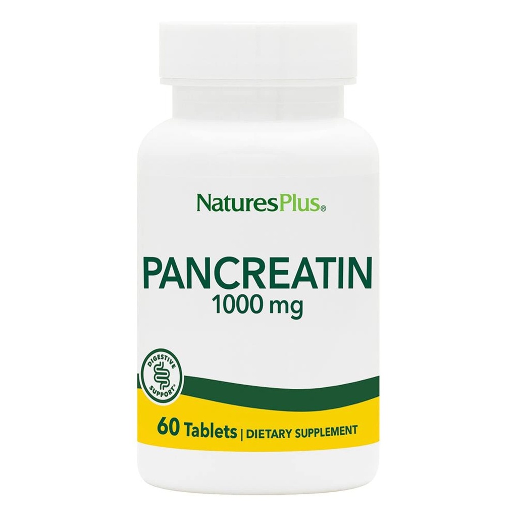 Natures Plus Pancreatin - 1000 מ"ג, 60 טבליות - תוספת טבעית של Enzyme לתמיכה במעיים Gastro - Contains Amylase, Protease & Lipase - Gluten-Free - 60 משרתים