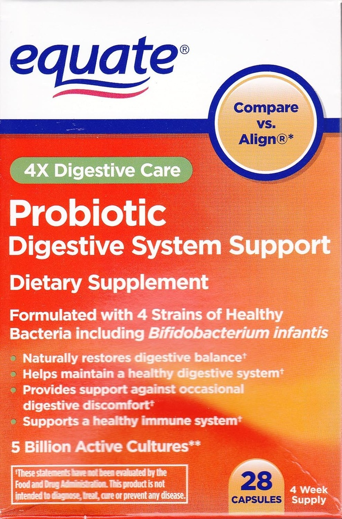 Equate - Probiotic, Digestive System Support, 4X Digestive Care, 28 קפסולות (Compare vs. Align)