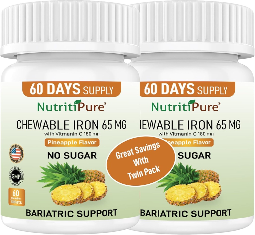 ברזל 65 מ"ג עם ויטמין C 180 מ"ג - Tablet ב Pineapple Flavor 60 Count (2)