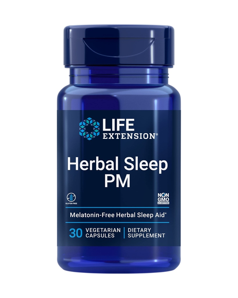Life Extension Herbal Sleep PM, Lemon Balm, honokiol (Magnolia bark), Chamomile, מקדם שינה בריאה, הורמון חינם, מלטונין חינם, Gluten חינם, non-GMO, Vegetarian, 30 קפסולות.