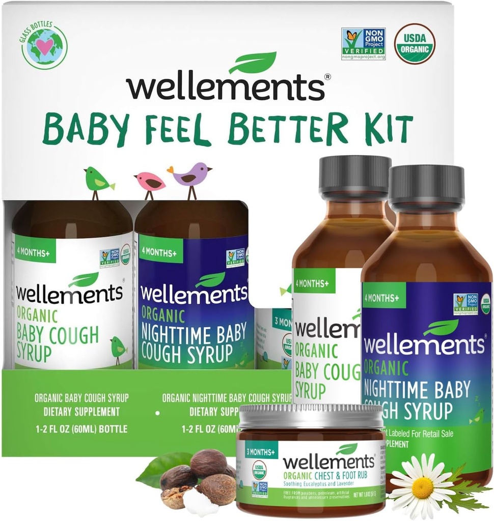 Wellements Organic Baby Feel Better Kit for 4 חודשים+ | Day & Night Syrups with Chest & Foot Rub