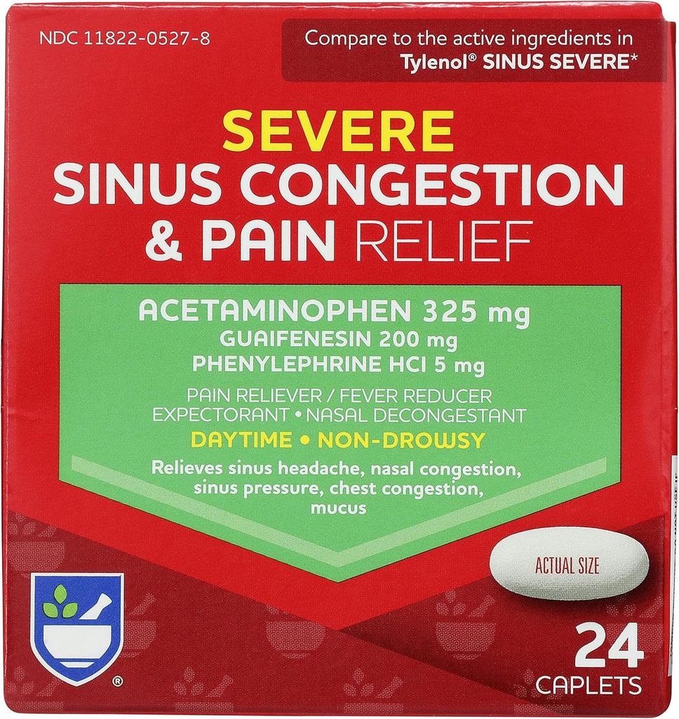 Rite Aid Daytime Severe Sinusungestion & Pain Relief - Acetaminophen, 325 מ"ג - 24 Caplets | Multi-Symptom non-Drowsy | הקלה | Cold and Sinus Medicine for Adults