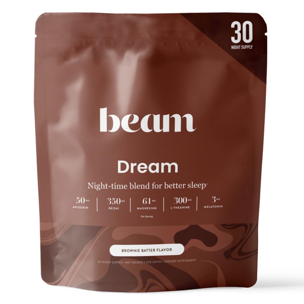 Beam Dream Sleepאבק - Sleep Aid for Adults with Melatonin, Magnesium, L-theanine, Reishi Mushroom & Apigenin Sleep, Sleepy Cocoa Bedtime Drink Mix, Brownie Batter Flavor, 30 משרתים
