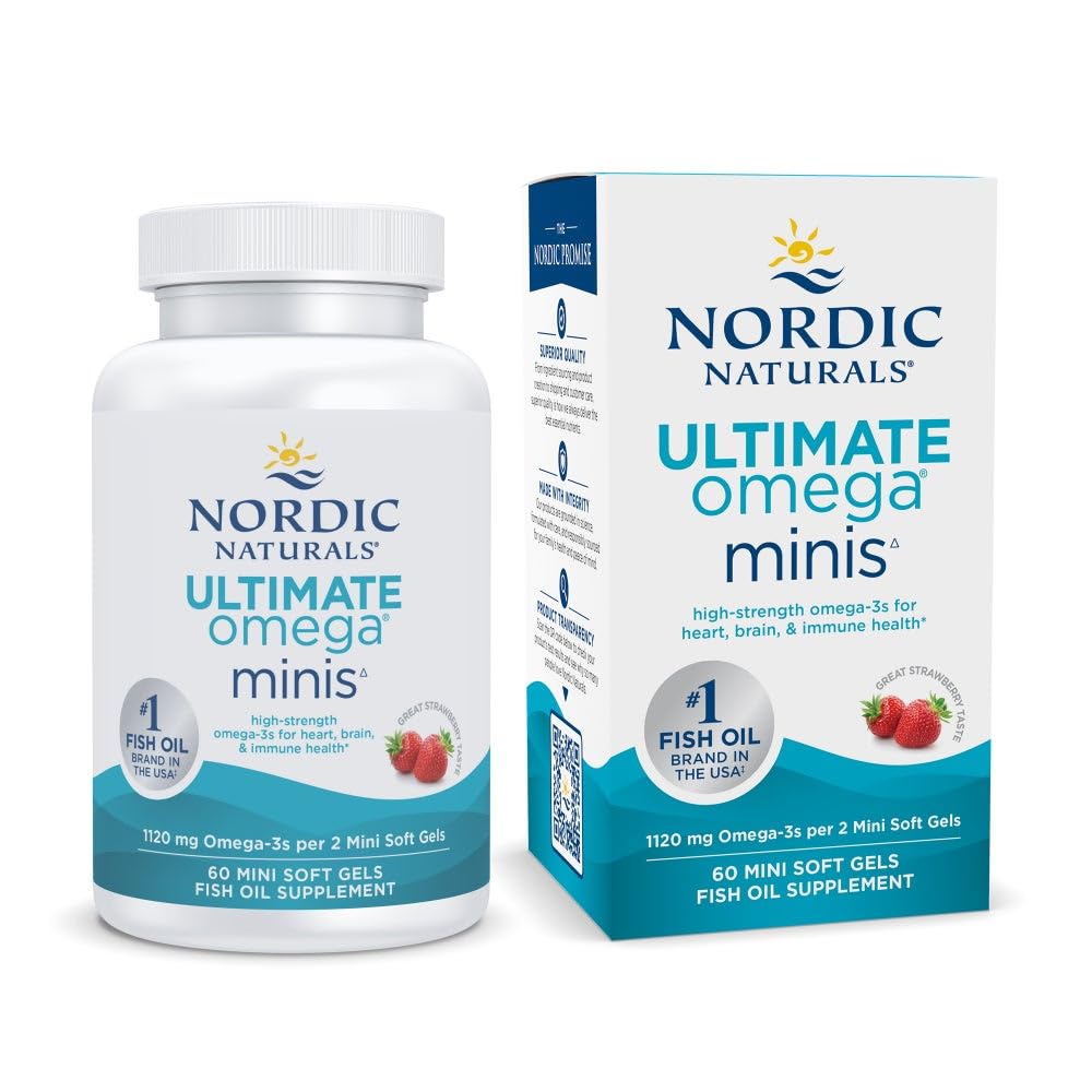 Nordic Naturals Ultimate אומגה Minis, Strawberry Flavor - 60 מיניs Soft Gels - 1120 מ"ג אומגה 3 - תוסף שמן דגים גבוה - EPA & DHA - מקדם את המוח ובריאות הלב - 30 משרתים