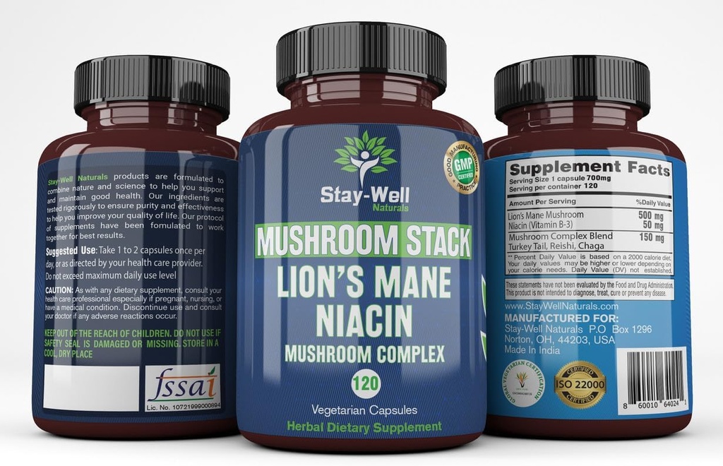 Lion Mane Mushroom תוספת קפסולות עם Niacin | Mushroom Complex קפסולות, עם טורקיה Tail Mushroom, Chaga Mushroom ו Reishi Mushroom, Mushroom תוספי קפסולות תוספי קפסולות