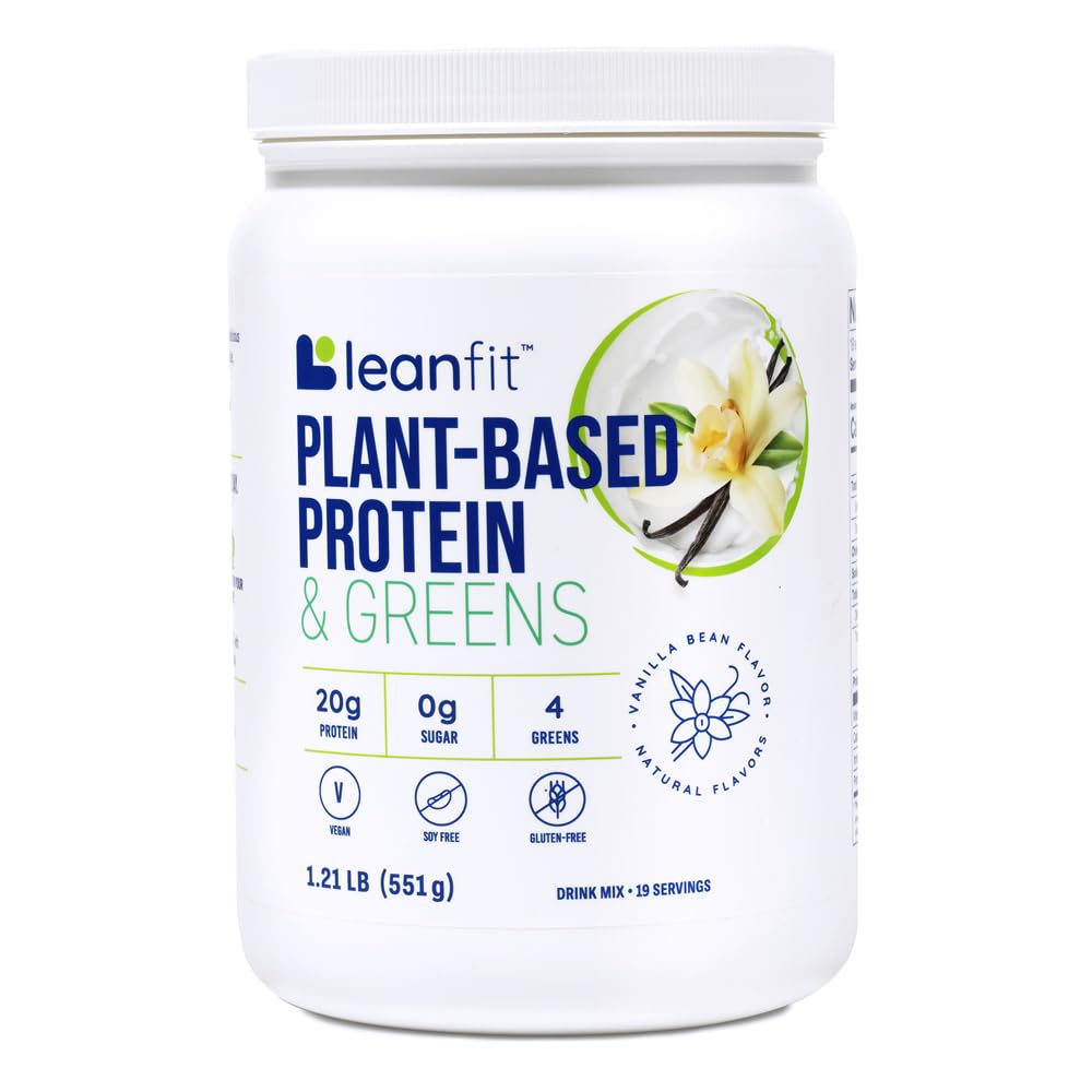 LeanFit Plant-based Protein & Greens Natural Vanilla - חלבון צמחי 20g + 4 Leafy Greens Per המשרת - טבעוני, Gluten-Free, Soy-Free, No Sugar - 19 משרתים, 1.21 פאונד Tub Tub Tub