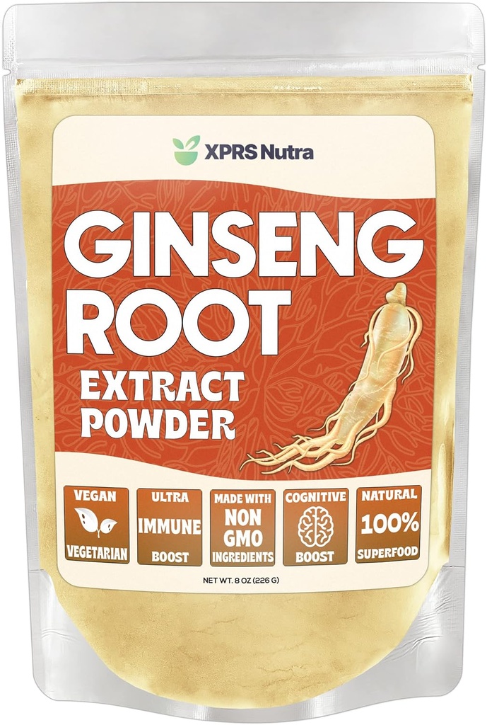 XPRS Nutra Geneseng Root Extractis - אבקת גינזנג תומכת פונקציונליות קוגניטיבית, ביצועים פיזיים, מערכת החיסון - Panax גינזנג ידידותי טבעוני בצורת אבקה (8 Ounce)