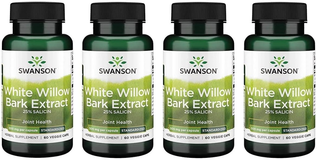 סוונסון כוח מקסימלי White Willow Bark Extract-Promotes Joint Support & Pain Relief-Standardized to 25% תוספת Salicin-Natural עם No Stomach Irritation (60 Veggie Caps, 500 מ"ג כל) 4 Pack
