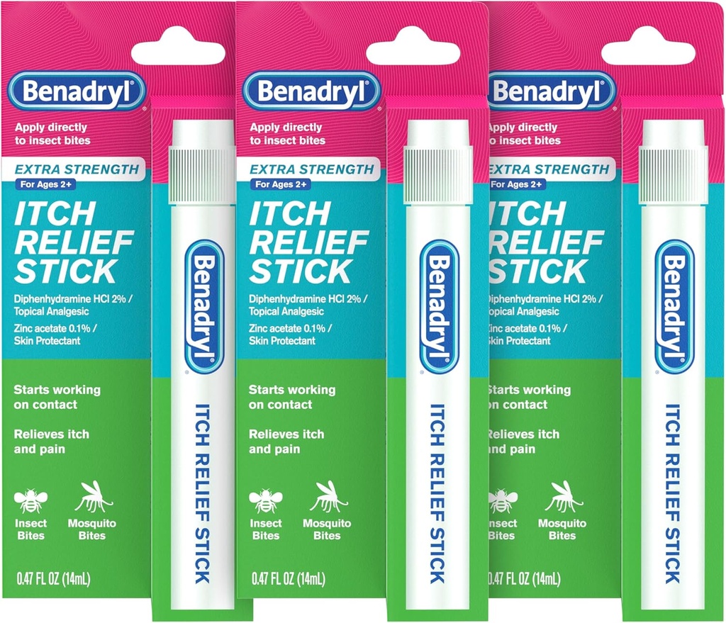 Benadryl תוספת כוח אנטי-Itch הקלה Stick, באג Bite Itch הקלה, Diphenhydramine HCl Topical Analgesic & Zinc Acetate Skin Protectant, גדול עבור קמפינג Essentials, 0.47 fl oz (Pack של 3)