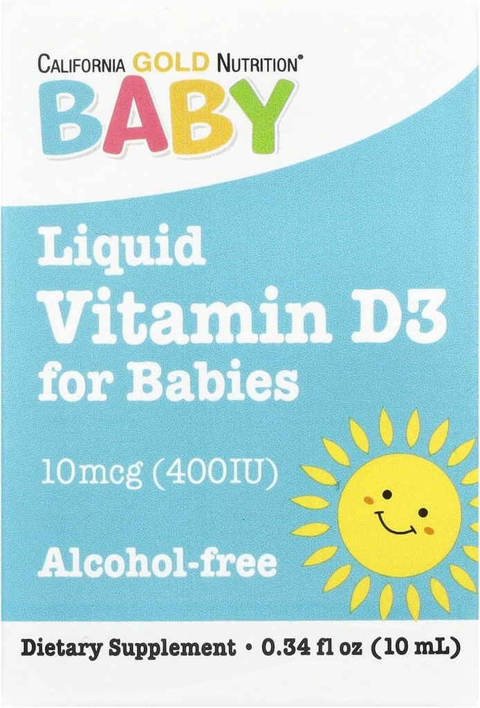 California Gold Nutrition Baby ויטמין D3 נוזלי D3 עבור תינוקות, Vegetarian Friendly - תמיכה התפתחותית - אלכוהול וגלוט חינם, non-GMO - 10 mcg (400 IU) - 0.34 floz (10 מ"ל)