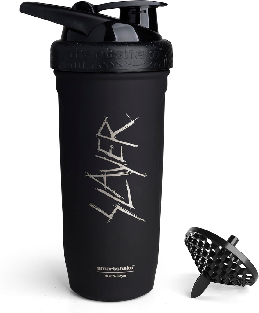 Smartshake Rockband Reforce Stainless Steel Milk Shaker Bottle - Non Insulated Gymבק | Metal Shaker Bottles - 900 מ"ל | 30 oz - Leakהוכחה Screw-on Lid - BPA Free | Slayer, הלוגו של Metal Shaker