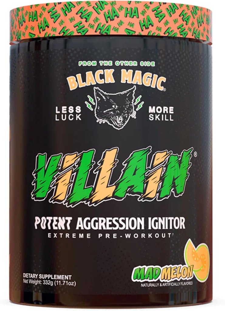 Black Magic Supply Supply Villain High-Stim Nootropic Pre-Workout - Beta-Alanine, L-Tyrosine, & Caffeine - Pump & Focus - 25 משרתים (Mad Melon)