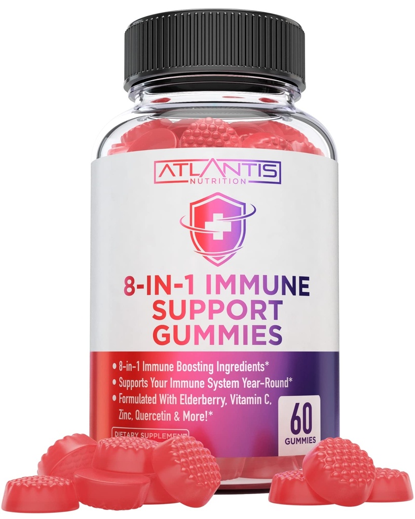 Atlantis Nutrition 8-in-1 Immune תומך בחניכיים עם מבוגרים / Immune תוסף עם Elderberry, Quercetin, Zinc, ויטמין C - Immunity Boosters for Adults & Kids - Delicious Flavor - 60 Count Count