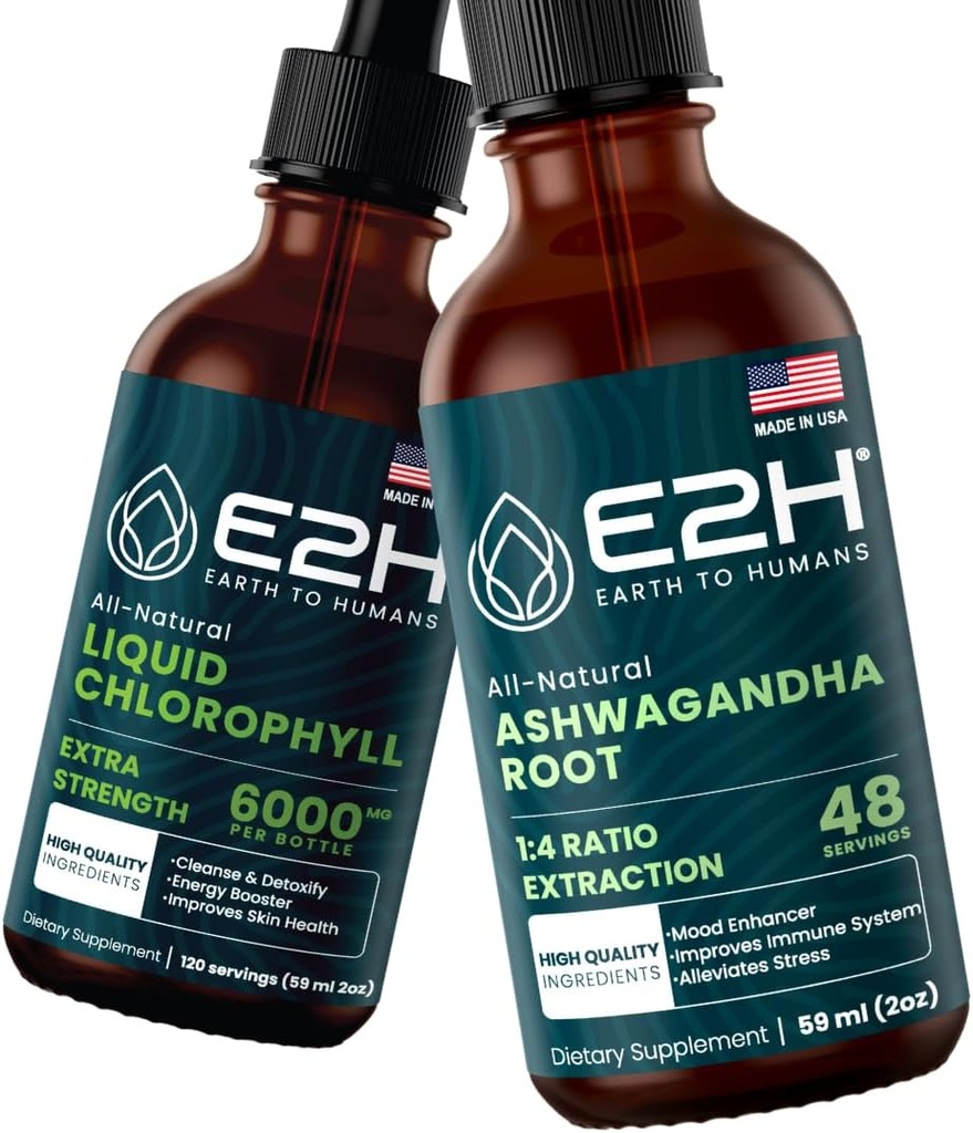 E2H: נוזל Chlorophyll ו Ashwagandha נוזל טיפות; טבעוני, non-GMO - 2 Fl Oz כל (4 Fl Oz Total)