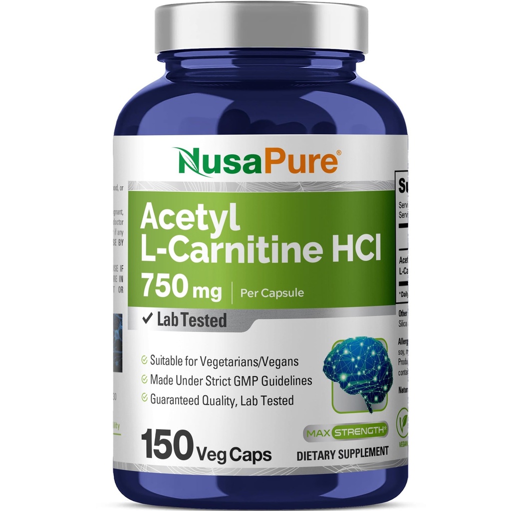 NusaPure Acetyl L-Carnitine 750 מ"ג ל Caps 150 קפסולות Veggie (Non-GMO, טבעוני) High Potency Acetyl L Carnitine HCL (ALCAR)