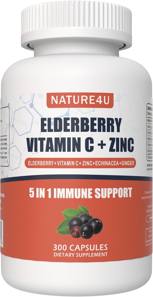 5 ב 1 Oldberry Immune תמיכה תוסף, Daily Immune Boosters for Adults Antioxidants Supplement, Elderberry 1000 מ"ג, ויטמין C, Zinc, Echinacea, ג'ינג'ר, 300 קפסולות טבעוניות - 5 חודשים