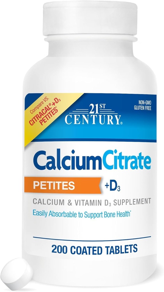 21 המאה ה -21 Calcium Citrate Petites + D3 Coated Tablets - 200 טבליות, Pack של 3