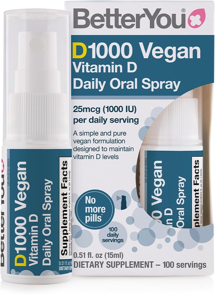 Better You D1000 Vegan ויטמין D אוראלי Spray - גישה נוחה עבור טבליות - Plant-Origin - מקדם עצמות חזקות, שיניים ומערכת החיסון - עזרה ב- Calcium Absorption - 100 Daily Doses - 0.5 oz