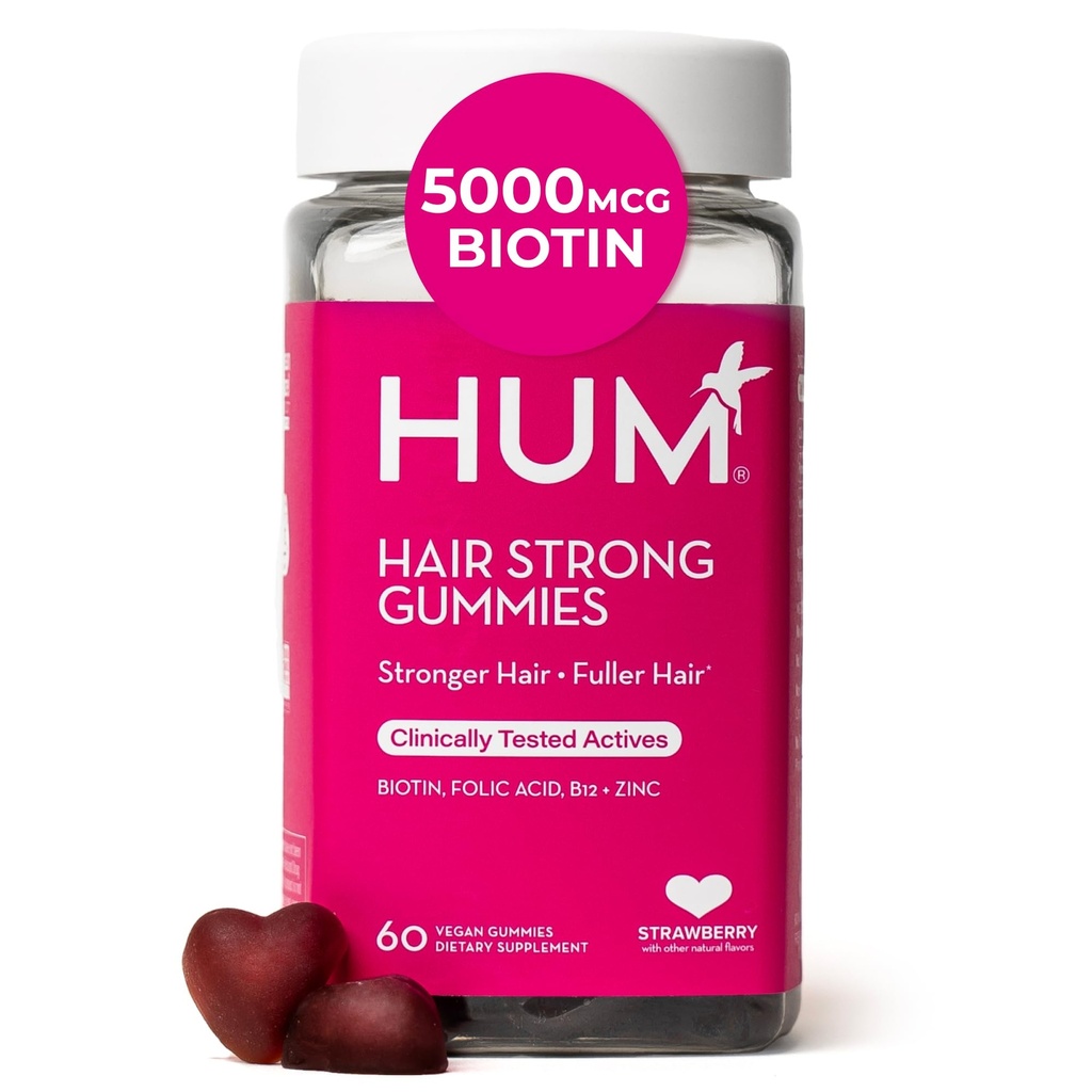 HUM Hair Strong Daily Hair Growth Gummies with Biotin, Zinc, Vitamin B12 to Support Growth, Folic Acid & Vitamin B12 Gummy Vitamins for Healthy Hair Support for Women and Men, 60 Gummies