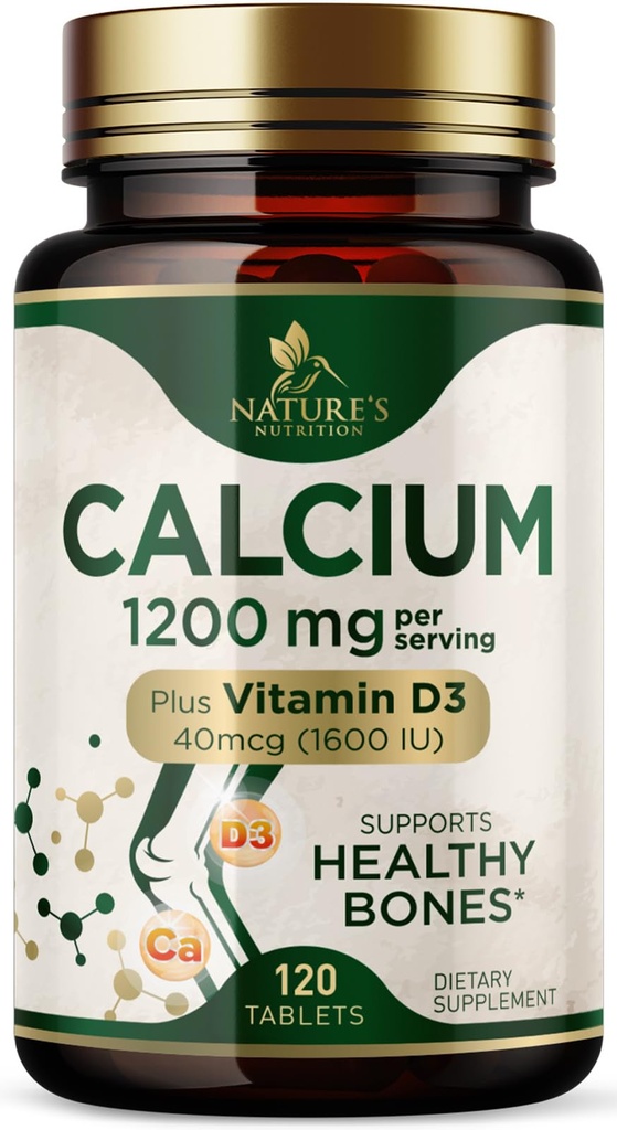 Calcium 1200 מ"ג עם ויטמין D3 - תוסף בריאות העצם, ויטמין D & Calcium תוספי עבור נשים וגברים - כוח עצם, שיניים ותמיכה החיסון, כדורי Calcium של הטבע, בבקבוק בארה"ב - 120 טבליות