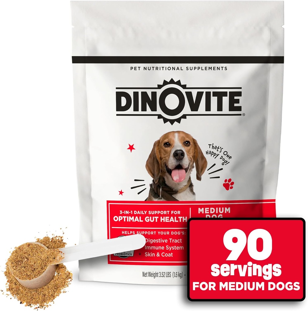 Dinovite 3 ב 1 Probiotic for Medium Dogs, Skin & Coat, Digestive Health & Joint Relief, Dog Food Toppers, Immune Support, Allergy Relief & Itch Relief Skin Care, 90 משרתים (18-45lb)