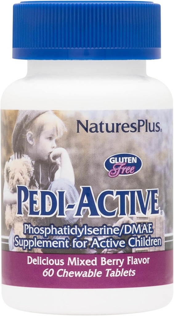 NaturesPlus Pedi-Active LECI-PS, DMAE Complex - 60 טבליות Chewable - מעורבים ברי פלפור - ילדים צ'רצ'ר, מקדם בריאות המוח, פוקוס - Vegetarian, Gluten-Free - 30 משרתי מזל - 30 משרתים