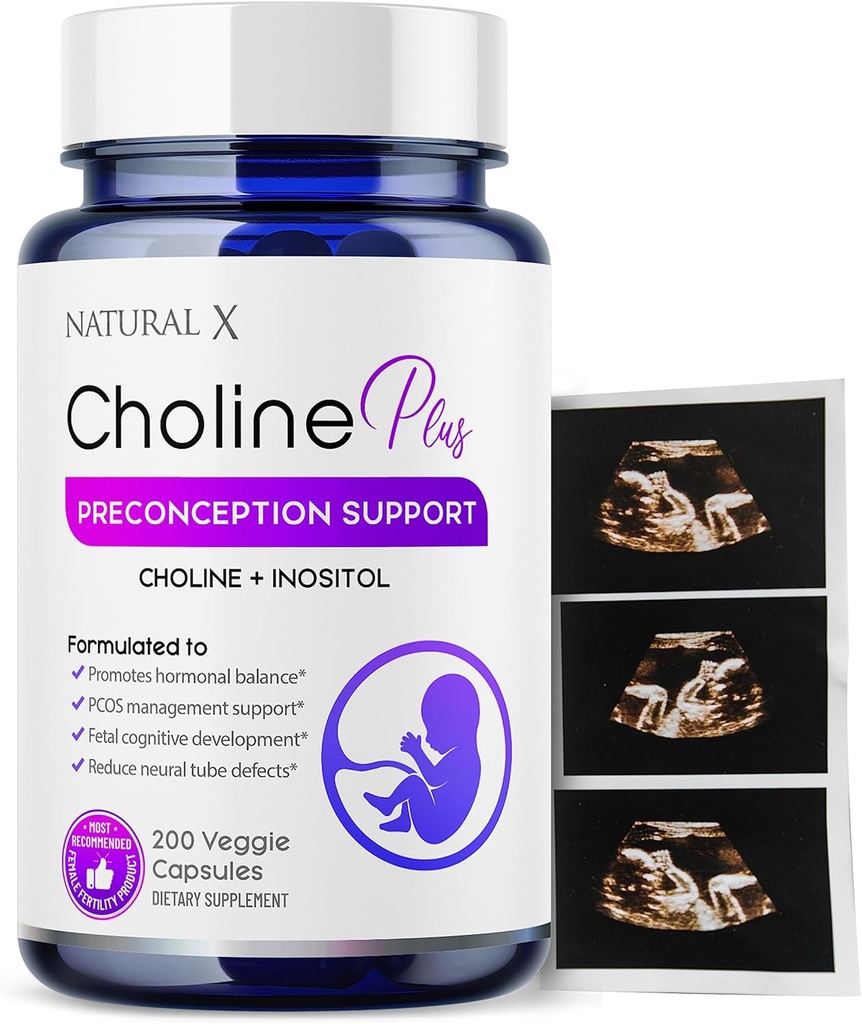 Choline ו- Inositol Preview ויטמינים לנשים - תוספי תערובת פוריות, תומך הריון בריא ופיתוח קוגניטיבי של התינוק, שיפור איכות ביצים, איזון הורמונלי (200 קפסולות)