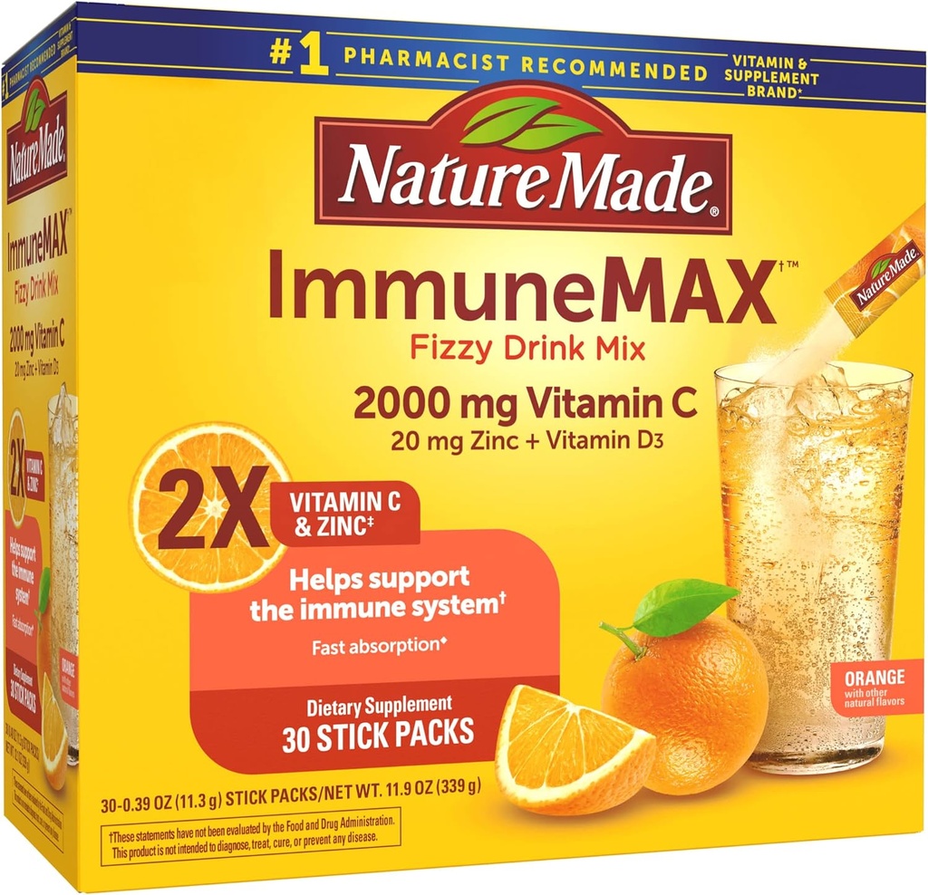 הטבע עשה ImmuneMAX Fizzy Drink Mix, עם ויטמין C, ויטמין D, ו- Zinc תוספת לתמיכה Immune, קיצור מהיר, 30 Stick Packs, 0.4 Ounce