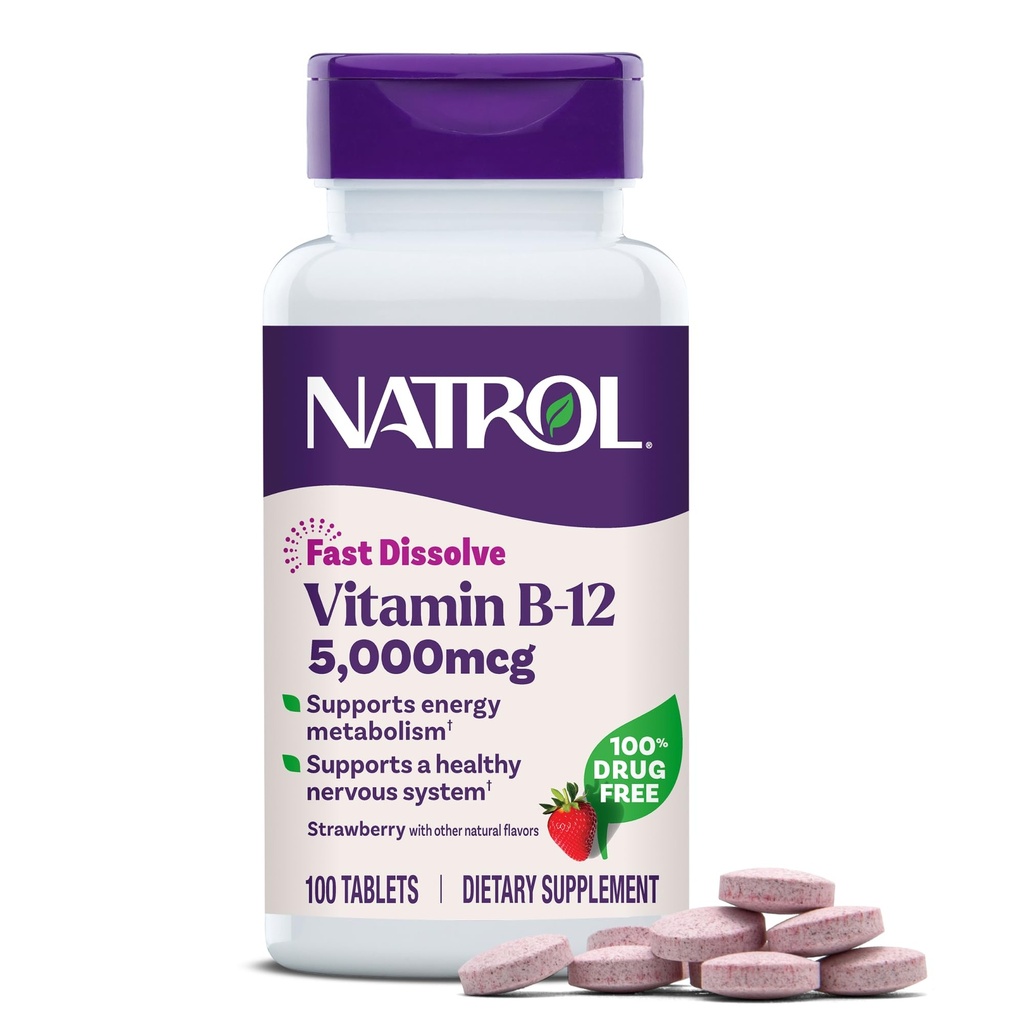 צריכת ויטמין B12 5,000 mcg, תוסף ויטמין B12 מהיר תומך במערכת עצבית בריאה ואנרגיה מטבוליזם, 100 טבליות, עד 100 יום אספקה