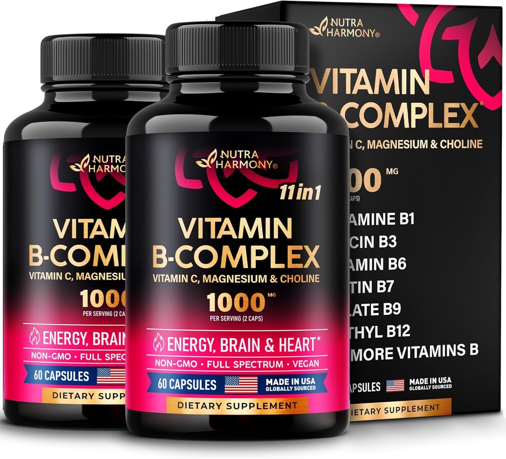 ויטמין B Complex for Men & Women - Made in USA - 11-in-1 B-Complex: B1, B2, B3, B6, B7, B8, B9, B9, B12 עם ויטמין C, Choline, Inositol - אנרגיה, Brain & Heart Support - חבילה של 2 2, B7, B8, B9, B12 עם ויטמין C, Choline, Inositol - Inositol - אנרגיה, Inositol - אנרגיה, Brain & Heart Support תוסף תמיכה