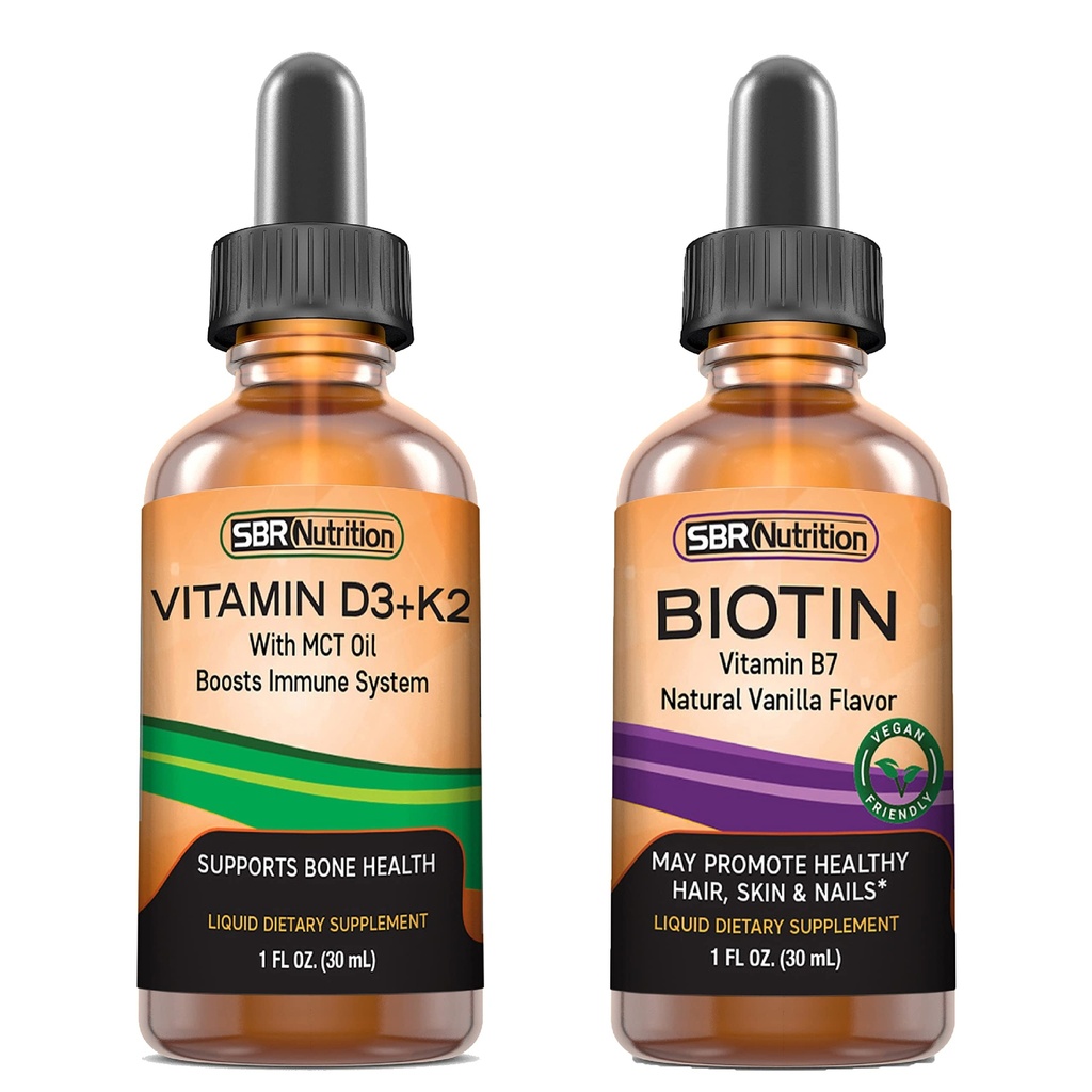 SBR Nutrition D3+K2 ו Biotin Bundle ויטמין D3K2 (MK7) טיפות נוזליות, Peppermint, 1oz | Biotin 5000mcgg Drops, Vanilla 2oz | עבור מבוגרים וילדים | Non-GMO, Gluten Freeten Freeten Freeten