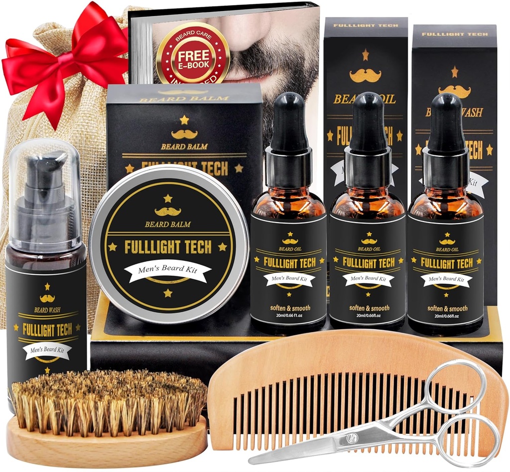 Beard Kit for Men Grooming & Care W3 Pack Beard Oil, Wash, Balm, Comb, Brush, Brush, Scissors,Anniversary Valentines Birthday Fathers Gifts הרעיון של בעל אותו חבר אב גברים חג המולד