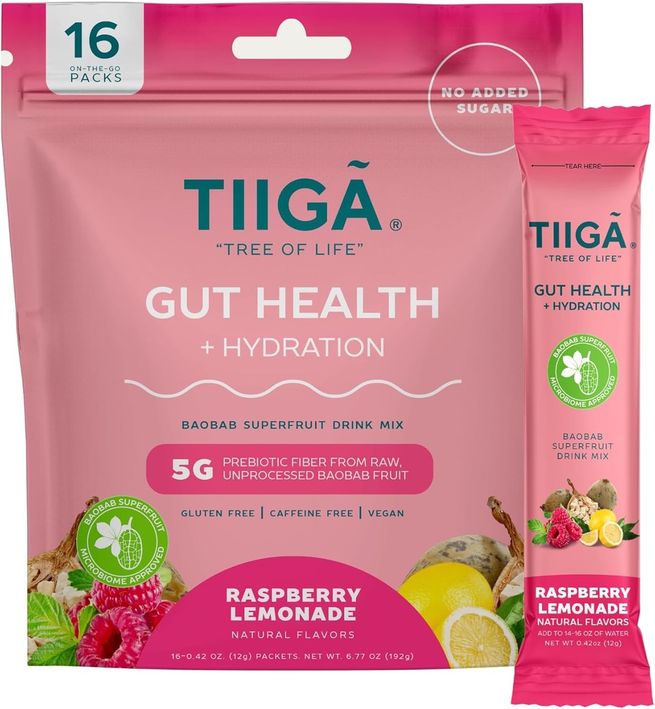 Tiiga Gut בריאות + הידרציה לשתות לערבב - 7g Baobab, 5g Prebiotic סיבים, אלקטרוליטים, ללא חלב, טבעוני, לא תוספת סוכר, עיכול, סדירות, ו Constipation - 16 משרתים