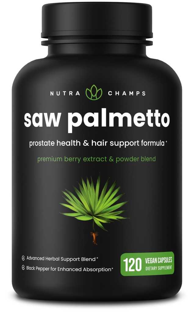 NutraChamps Saw Palmetto תוסף עבור Prostate Health (Extraחוזק) 600 מ"ג מורכב עם פלט, ברי אבקת ו Herbs - תמיכה בריאות אורונציה תדירות, 120 קפסולות