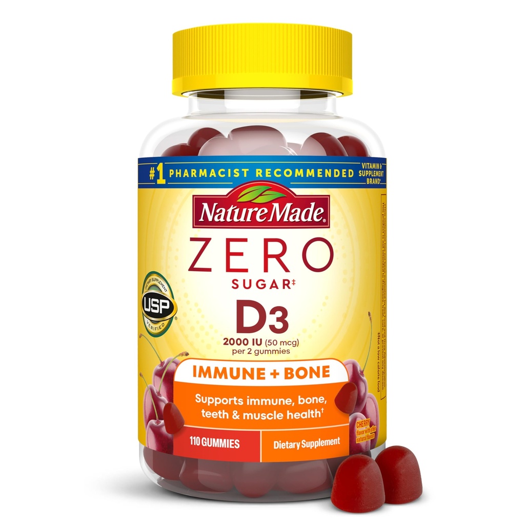 Nature Made Zero Sugar ויטמין D3 Gummies 2000 IU (50 mcg) Per Serve, Bone & Immune Support, Aspartame Free, 110 ויטמין Dmies, 55 יום אספקה