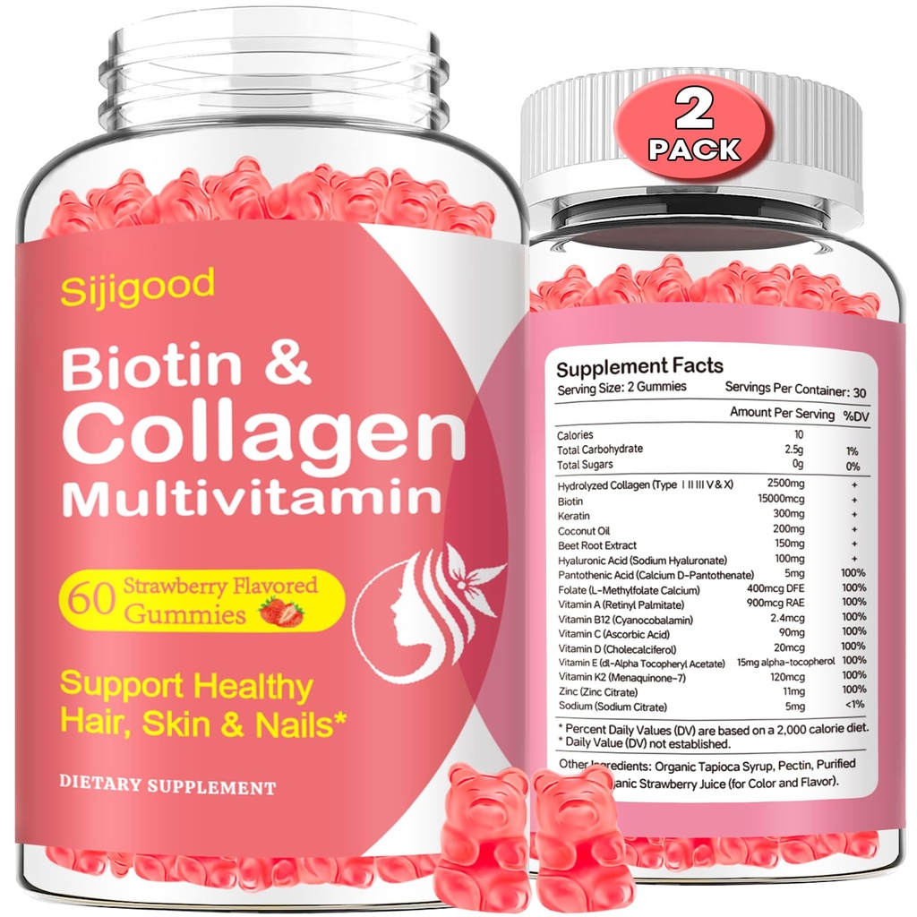 2 Pack Collagen Gummies for Women Men, hydrolyzed Collagen Peptides סוגים I,II, III,V,X עם biotin & Hyaluronic Acid, ויטמינים C A D E B12 K2 תמיכה, סוכר חינם עבור העור נומס אנרגיה חסינות