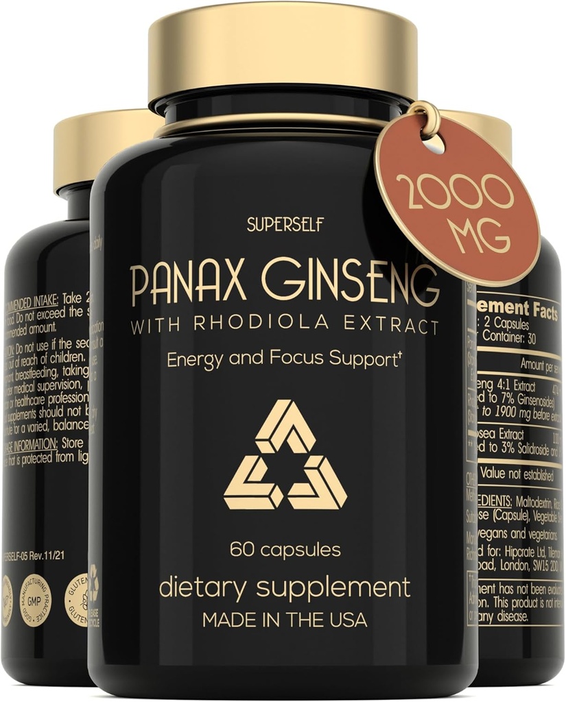 Panax Geneseng ו Rhodiola Rosea 2000 מ"ג - קוריאני גיינסנג כוח גבוה 60 קפסולות - תוספת צמחי עבור גברים ונשים - תרכובת אנרגיה עם ג'ינסנג Root Extracted 7% גינזנוסייד - ארה"ב Made Made Made