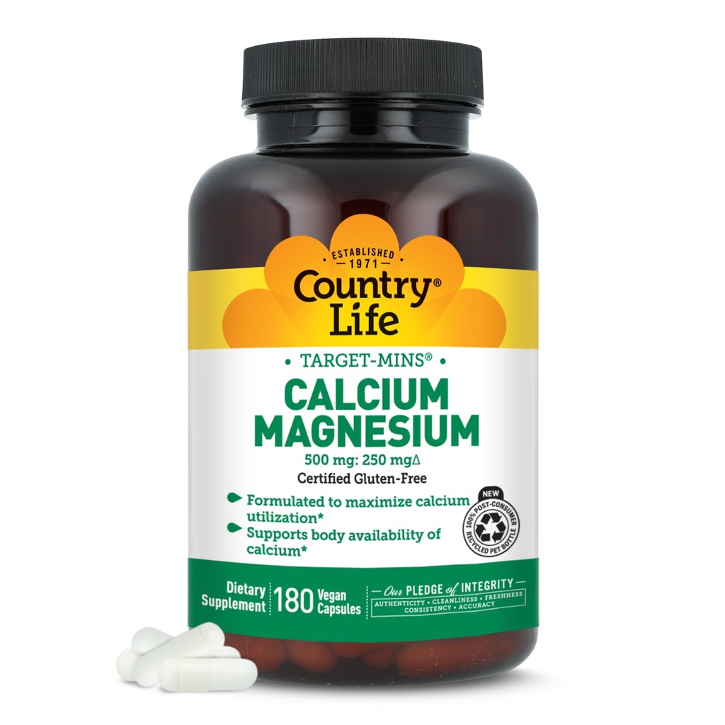 Country Life Target-Mins Calcium Magnesium Complex - 1000 מ"ג Calcium, 500 מ"ג מגנזיום, תוסף ללא גלוטן לבריאות העצם