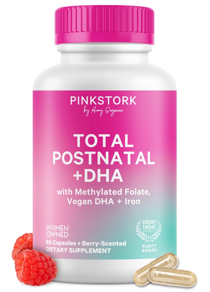 Pink Stork Total Postnatal ויטמינים עבור נשים עם טבעוני DHA, ברזל, Folate, ויטמין B12, Postpartum Recovery Essentials, תוספת יומית להנקה אמהות - 1 חודש אספקה