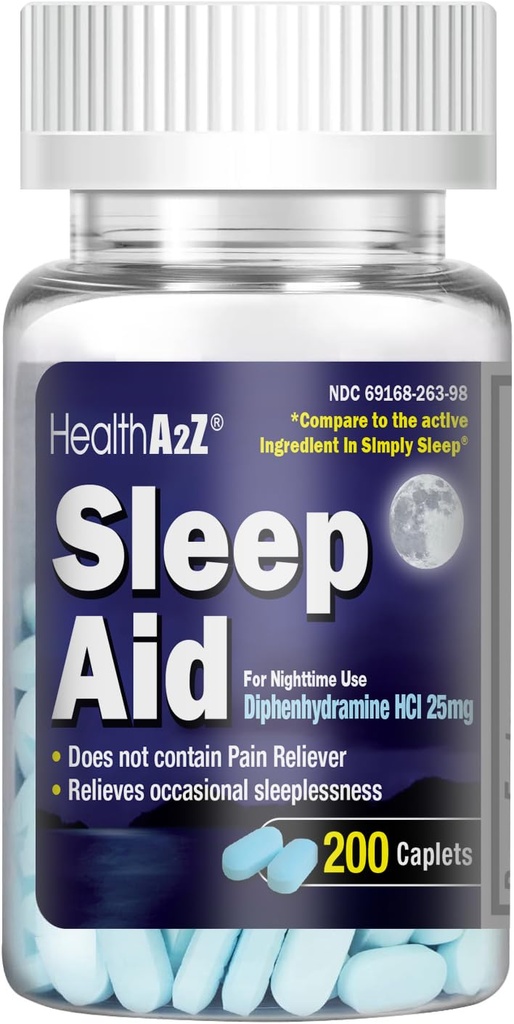 בריאותA2Z Sleep Aid 200 Caplets | Diphenhydramine HCl 25 מ"ג | גלולות שינה חזקות רגילות