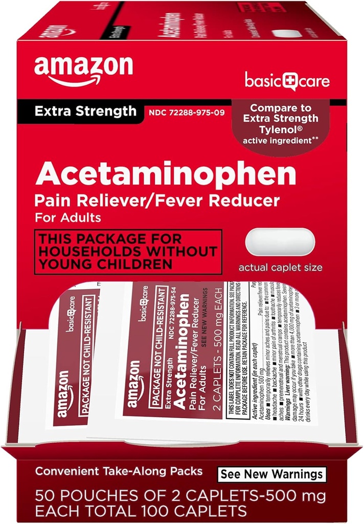 טיפול בסיסי - תוספת כוח Acetaminophen Caplet 500 מ"ג, 100 Count (50 pouches of 2 caplets)